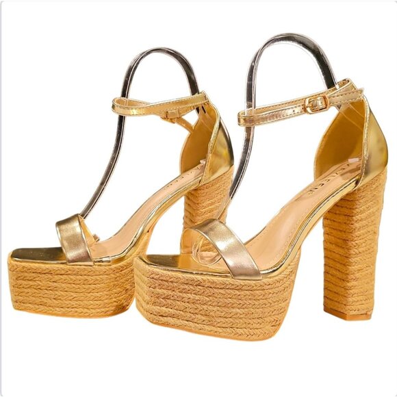 Shoes - Gold Platform Espadrille High Heel Sandals With Ankle Strap Faux Leather & Braid